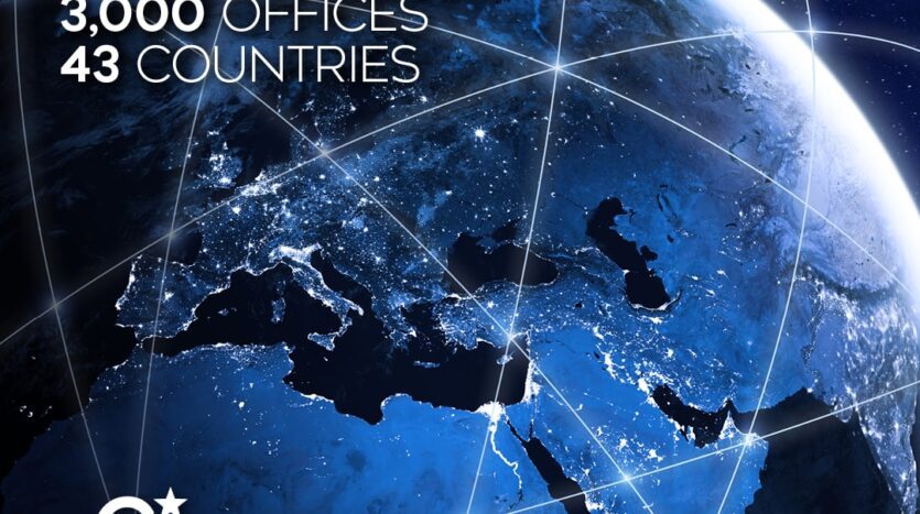 Global image of Earth with network lines and a bold stat line: 94,000 AGENTS, 3,000 OFFICES, 43 COUNTRIES, with Coldwell Banker logo in corner.